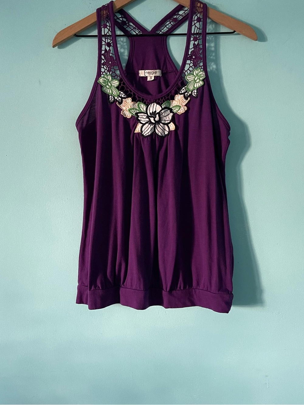 Energie Embroidered Floral Purple Tank XL Loose Banded Hem Jersey